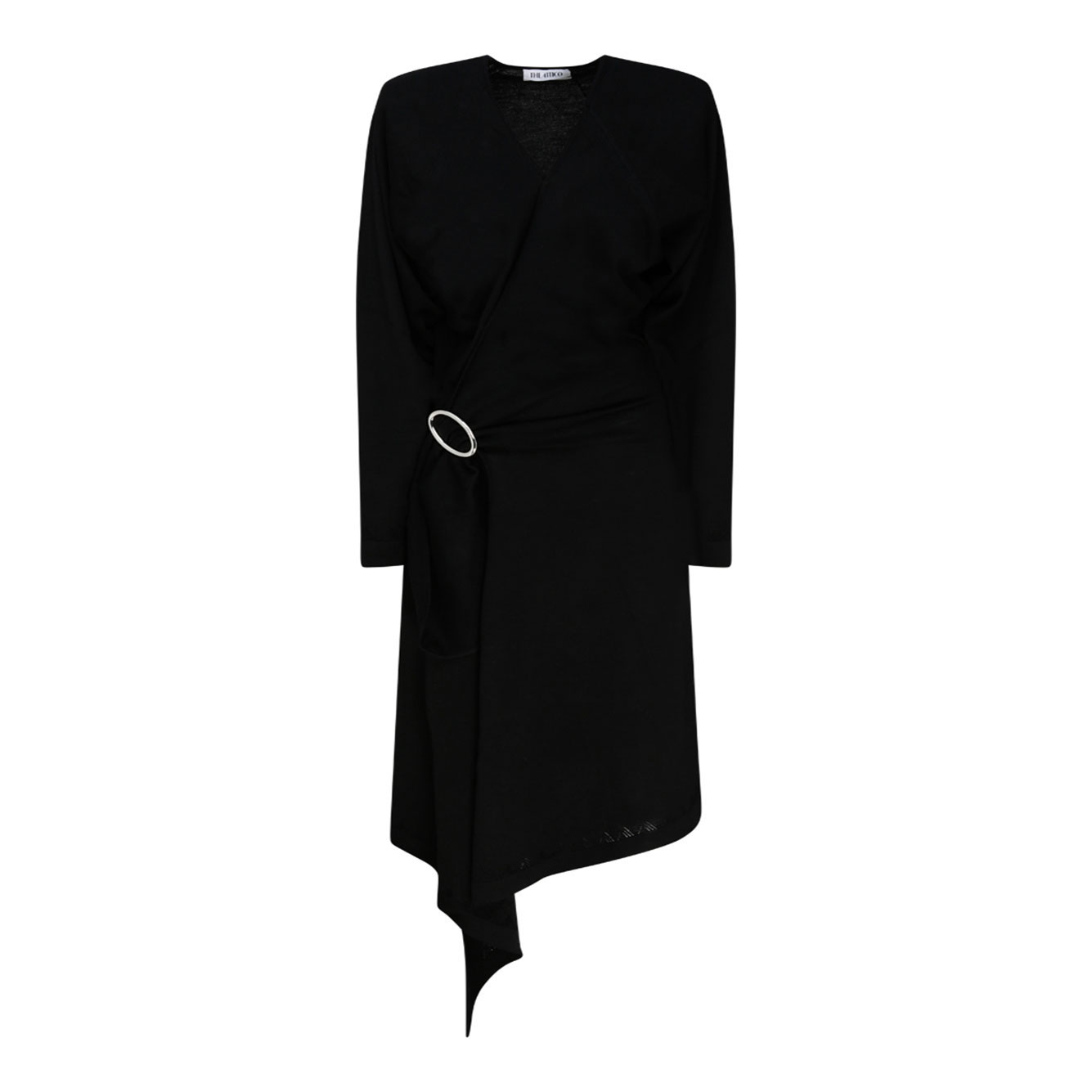 더 ATTICO 블랙 울 프론트 슬릿 롱 SLEEVED 랩 드레스